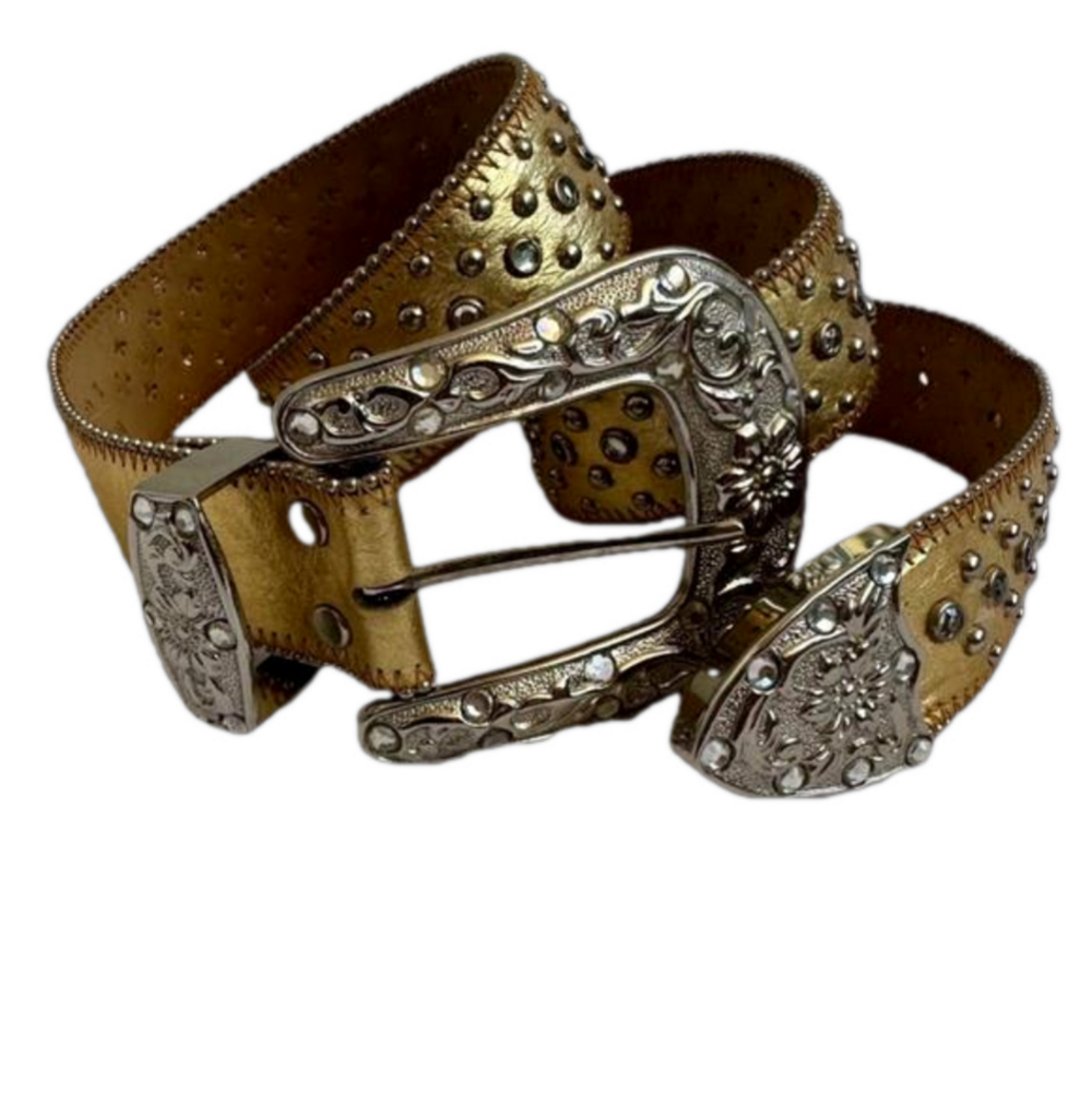 Gold Italian Leather Rhinestone Belt Size L